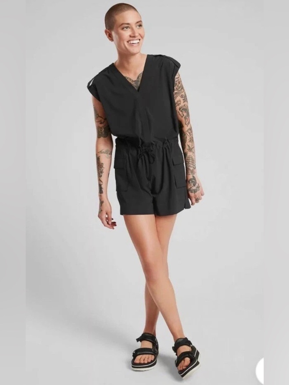 Athleta Sutton Romper in Black – V-Neck Utility Drawstring Jumpsuit, size 6